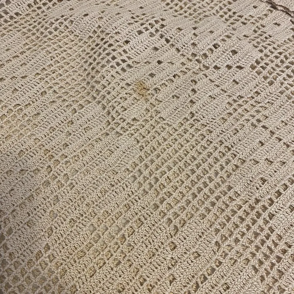 VTG 80s HandCrocheted Lace Tablecloth Beige Handmade Floral CottageHome 53x98”